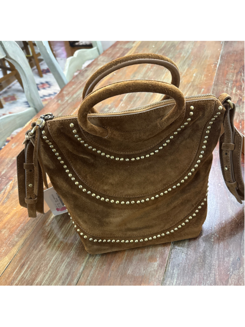 HOBO Chestnut Brown Suede Gold Studded Small Crossbody Tote Handbag NWT Handles - Picture 2 of 13